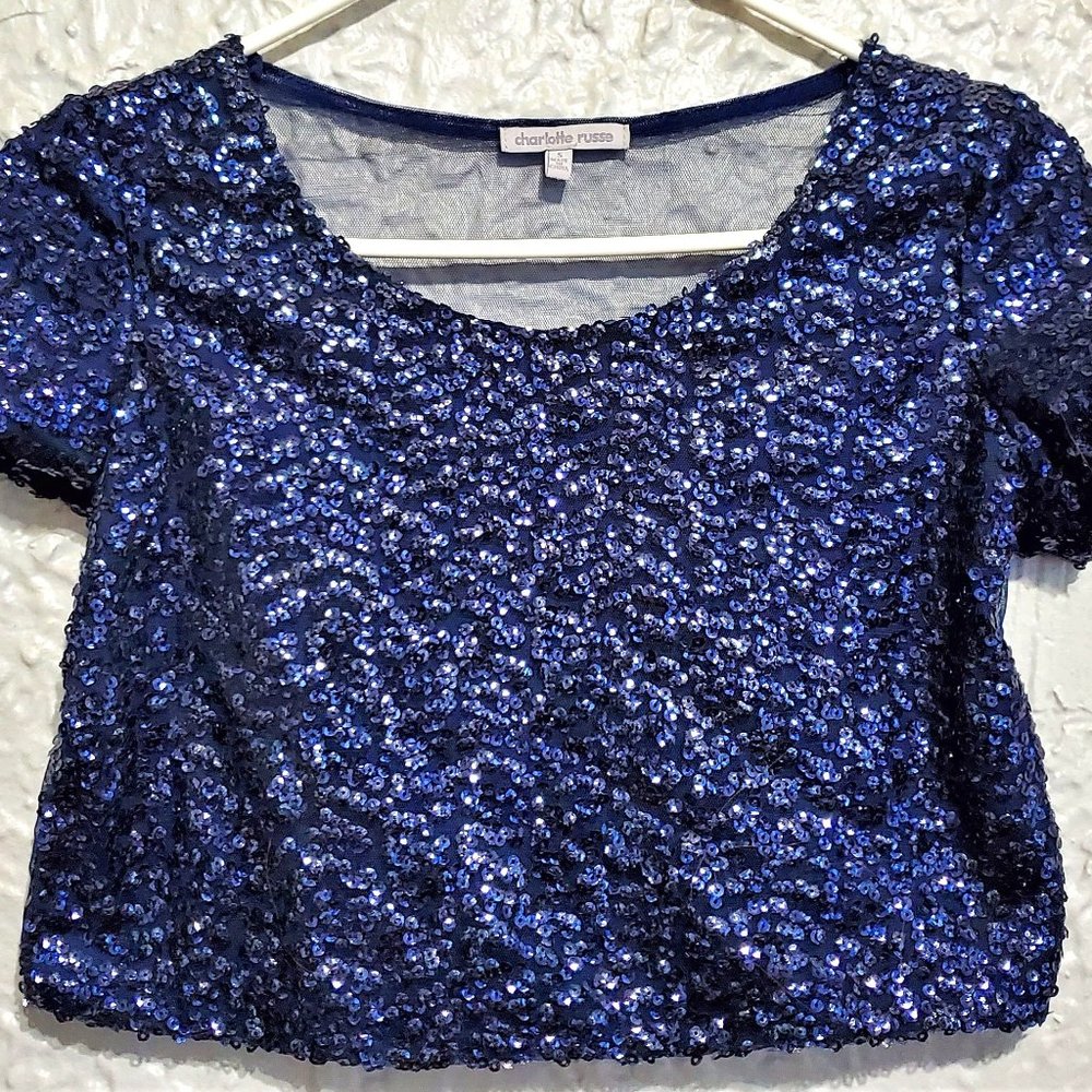 Blue sequined crop top - see thru back (small)
